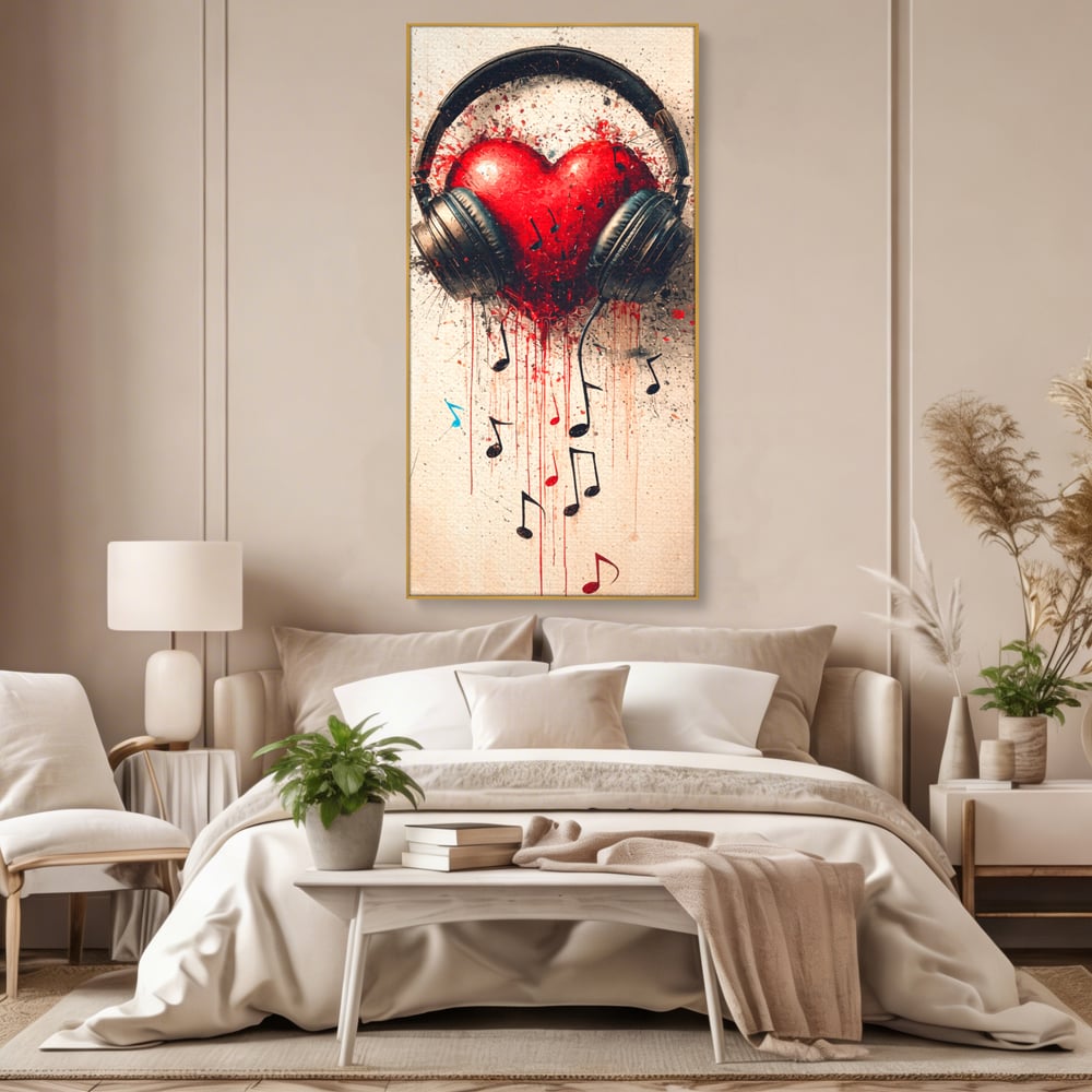 Tablou canvas cu tablou canvas cu inima rosie si casti audio, in rama de aluminiu auriu, pe perete intr-un dormitor